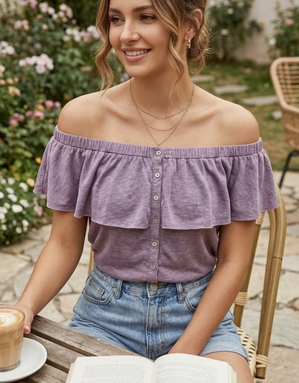 American Eagle Outfitters Lavender Off-Shoulder Ruffle Button Top Stretch